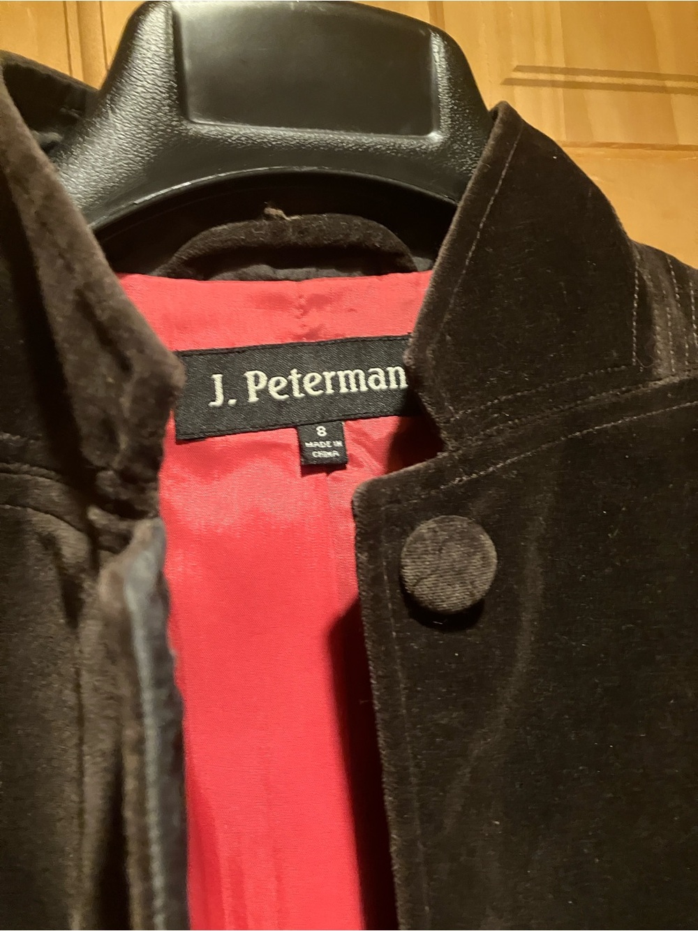 J. Peterman Brown Velvet Jacket with Red Satin Lining and Orange Cuffs
